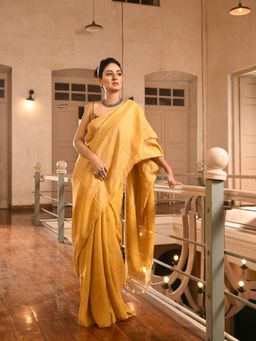 Angoshobha - Mustard Linen with Pallu Silver Zari Check Handwoven Saree with Unstitched Blouse
