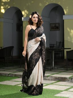 Angoshobha - Beige & Black Matka Silk Black Taidai Jacquard Saree with Unstitched Blouse