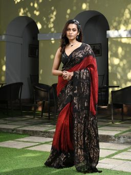 Angoshobha - Maroon & Black Matka Silk Black Taidai Jacquard Saree with Unstitched Blouse