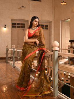Angoshobha - Mustard Silk All Body Sequin Work Handwoven Muslin Saree with Unstitched Blouse