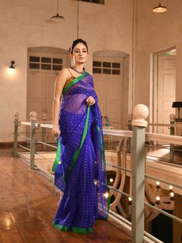 Angoshobha - Blue Silk All Body Sequin Work Handwoven Muslin Saree with Unstitched Blouse