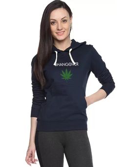 Campus Sutra - Women Navy Blue Bhangover Typography Printed Pullover Hoodie