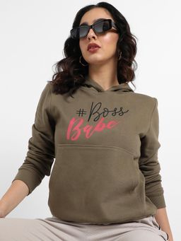 PINACOLADA - Women Olive Boss-Babe Typography Printed Pullover Hoodie