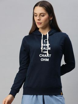 Campus Sutra - Women Navy Blue Typography Printed Pullover Hoodie