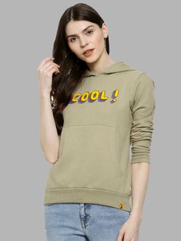 Campus Sutra - Women Olive Cool Typography Printed Pullover Hoodie