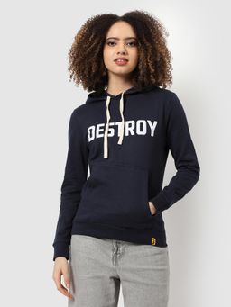PINACOLADA - Women Navy Blue Destroy Typography Printed Pullover Hoodie