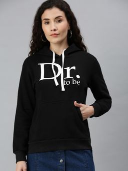 Campus Sutra - Women Onyx Black Typography Printed Pullover Hoodie