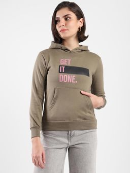 PINACOLADA - Women Olive Get-It-Done Typography Printed Pullover Hoodie