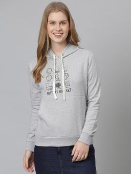Campus Sutra - Women Light Grey Graphic Printed Pullover Hoodie