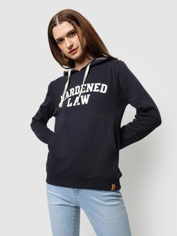 Campus Sutra - Women Navy Blue Hardened Law Typography Printed Pullover Hoodie