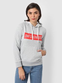 PINACOLADA - Women Light Grey Influencer Typography Printed Pullover Hoodie
