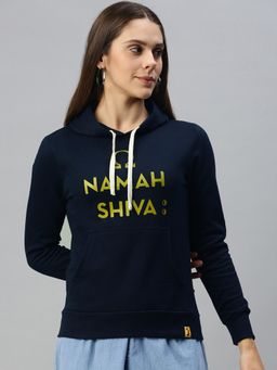 Campus Sutra - Women Navy Blue Typography Printed Pullover Hoodie