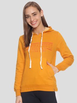 PINACOLADA - Women Mustard Typography Printed Pullover Hoodie