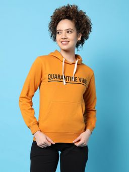 Campus Sutra - Women Mustard Typography Printed Pullover Hoodie