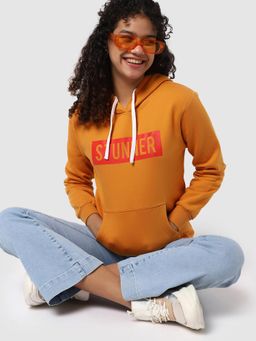 PINACOLADA - Women Mustard Stunner Typography Printed Pullover Hoodie