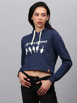 Campus Sutra - Women Navy Blue Graphic Printed Crop Hoodie