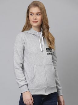 Campus Sutra - Women Light Grey Typography Printed Front-Zip Hoodie
