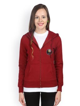 Campus Sutra - Women Rose Red Graphic Front-Zip Hoodie