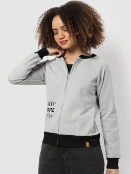 Campus Sutra - Women Light Grey Typography Printed Front-Zip Sweatshirt