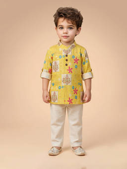 ETHNIKS NEURON - Gold Linen Long Sleeves Straight Kurta with Pyjama
