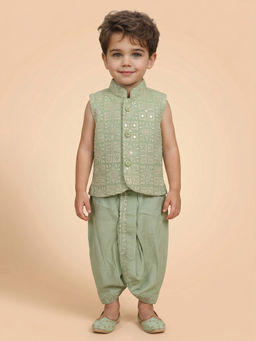 ETHNIKS NEURON - Green Cotton Blend Sleeveless Straight Kurta With Dhoti