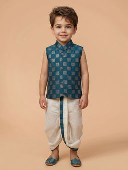 ETHNIKS NEURON - Teal Cotton Blend Sleeveless Straight Kurta With Dhoti