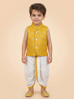 ETHNIKS NEURON - Mustard Cotton Blend Sleeveless Straight Kurta With Dhoti