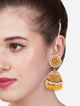 Zaveri Pearls - Yellow Stones & Layered Beads Jhumki Earring With Ear Chain-ZPFK13520