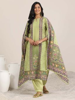 Libas - Green Ethnic Motif Printed Straight Kurta with Salwar and Dupatta (Set of 3)