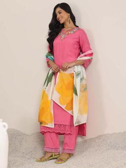 Libas - Pink Floral Embroidered Yoke Design Kurta with Pant and Dupatta (Set of 3)