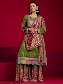 Libas Art - Green Ethnic Motif Embroidered Kurta with Sharara and Dupatta (Set of 3)