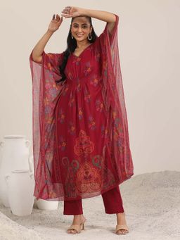 Libas - Maroon Printed Chiffon A-line Kurta Set for Women