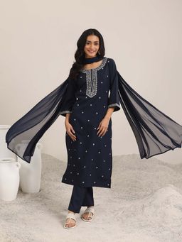 Gerua By Libas - Navy Blue Embroidered Straight Kurta with Pant and Dupatta (Set of 3)