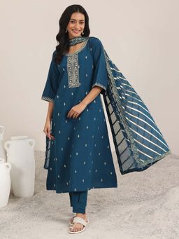 Gerua By Libas - Teal Embroidered Straight Kurta with Pant and Dupatta (Set of 3)