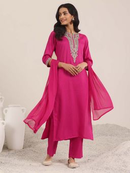 Gerua By Libas - Pink Embroidered Straight Kurta with Pant and Dupatta (Set of 3)