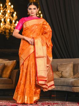 Beatitude - Orange Woven Patola Design Saree with Unstitched Blouse