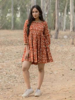 Mera Rang - Sonia Rust Printed Dress Back Open