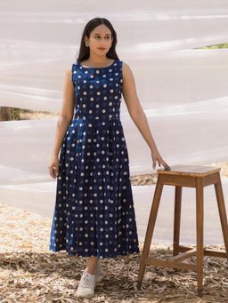 Mera Rang - Blue Polka Hand block Sleeveless Pleated Dress
