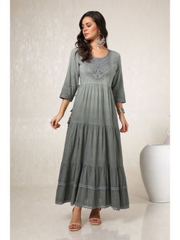 Soch - Womens Grey Cotton Embroidered Dress With Sequence Work