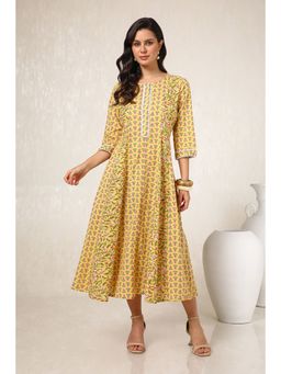 Soch - Womens Yellow Cotton Botanical Print Dress