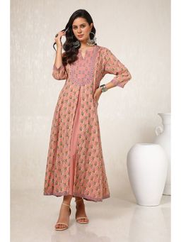 Soch - Womens Peach Cotton Ethnic Motifs Dress With Sequence Work