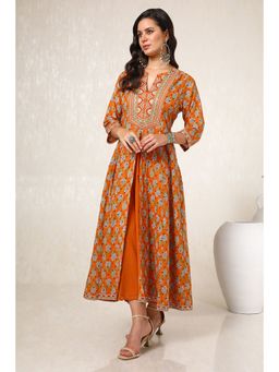 Soch - Womens Orange Cotton Ethnic Motifs Dress With Faux Mirror
