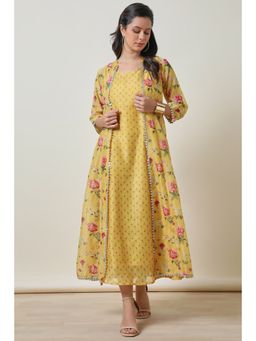 Soch - Womens Yellow Chanderi Blend Floral Print Dress With Jacket (Set of 2)