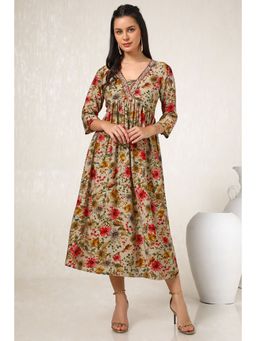 Soch - Womens Beige Muslin Blend Floral Print Dress With Zardosi