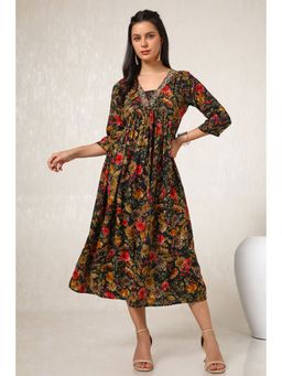 Soch - Womens Black Muslin Blend Floral Print Dress With Zardosi