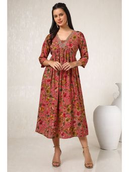 Soch - Womens Pink Muslin Blend Floral Print Dress With Zardosi