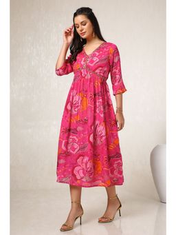 Soch - Womens Fuchsia Pink Chinon Floral Print Dress