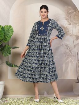 Nayam by lakshita - Ethnic Navy Blue Motifs Printed Flared Cotton Dress For Women
