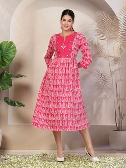 Nayam by lakshita - Ethnic Pink Motifs Printed Flared Cotton Dress For Women