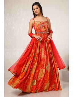 Soch - Womens Red Floral Belted Gown With Dupatta and Pair of Unstitched Sleeves (Set of 3)